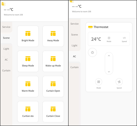 Mobile room control interface with lights, curtains, AC and scenes