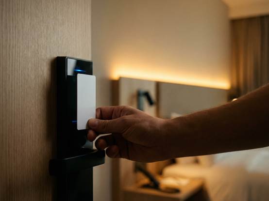 Guest unlocking hotel room door