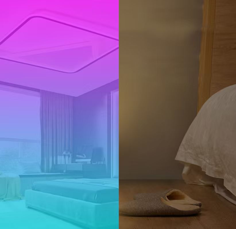 Hotel room at night with sleep mode activated