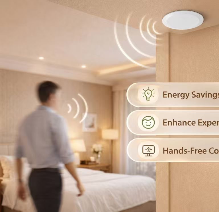 Guest entering a hotel room as the occupancy sensor detects presence