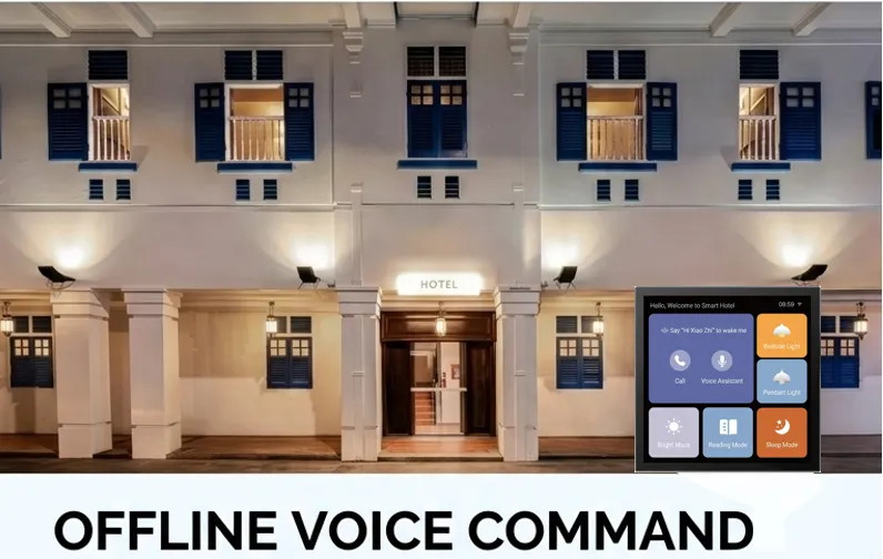 Hotel building at night in Singapore with an offline voice control panel