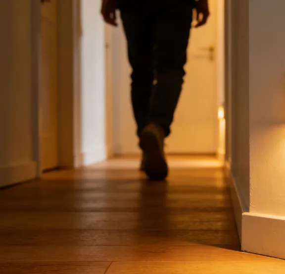 Guest walking barefoot down a warmly lit corridor with wooden flooring