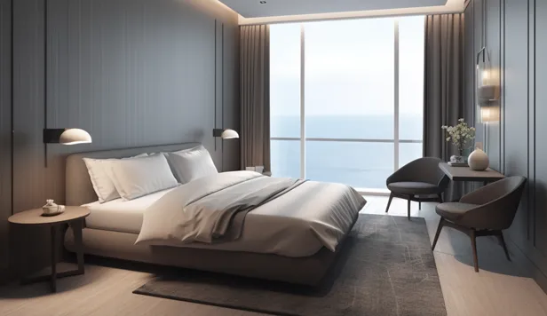 Modern hotel bedroom with floor-to-ceiling ocean-view windows and dark wood panelling