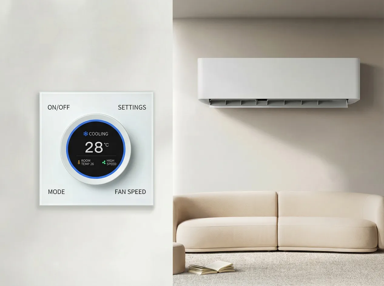 Smart thermostat panel showing 28°C cooling mode next to a wall-mounted air conditioner