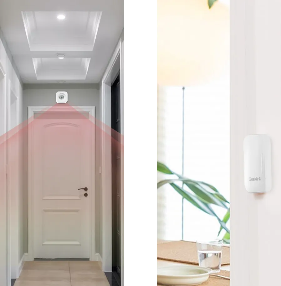 Smart devices installed in a real environment: a small ceiling sensor and a wall-mounted device