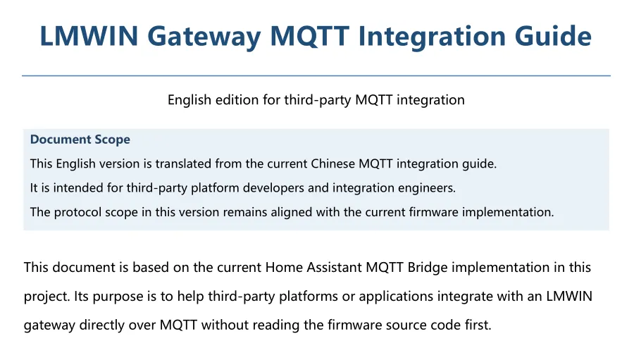 MQTT gateway integration guide: documentation for third-party platforms to connect through the local network