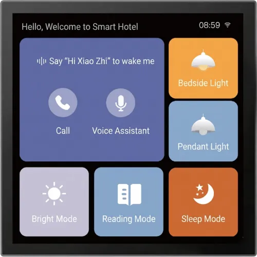 Smart hotel voice panel touch screen showing call, voice assistant and room control buttons