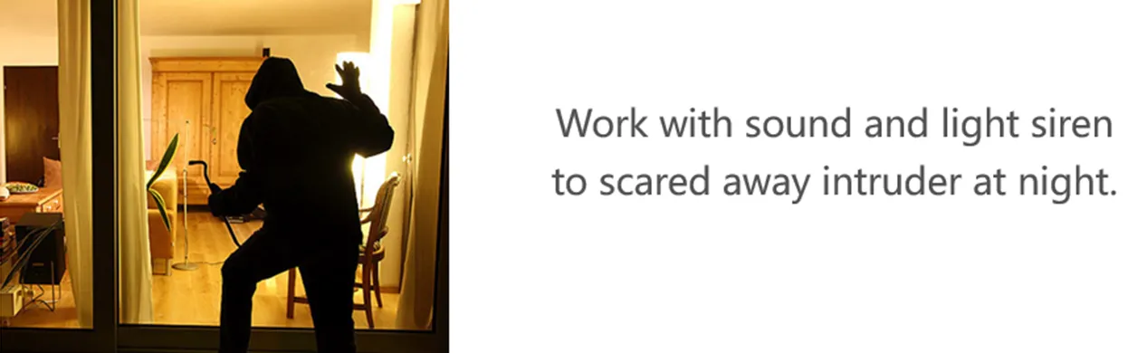 Security scene: a motion sensor with sound and light siren scares away an intruder at night