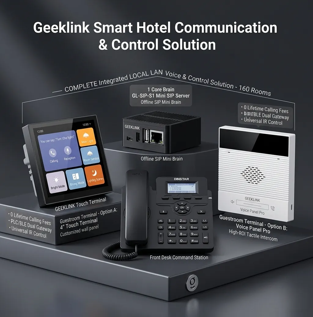 Complete hotel SIP communication and control solution lineup, including SIP server, front desk command station and guest room voice panels